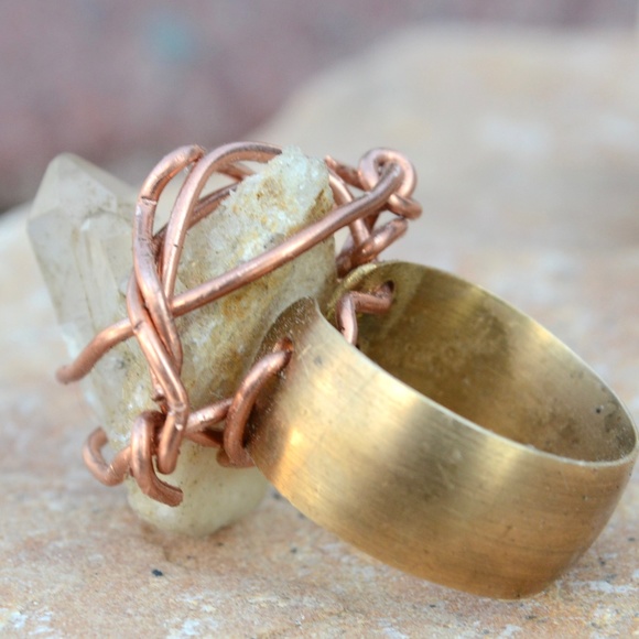 Conceptual Subculture Jewelry - Quartz Crystal Wire Wrapped Copper Brass 7.5 Ring